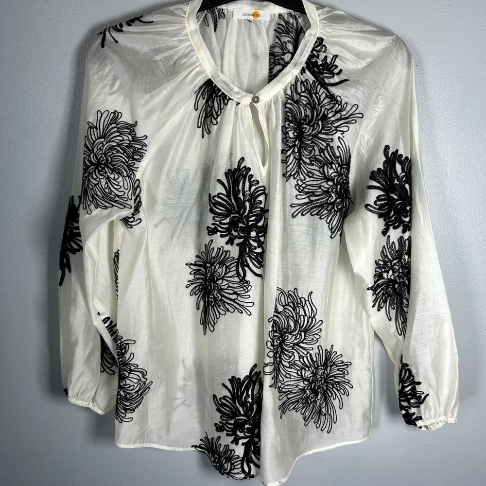 Genie Mode‎ White Black Floral Embroidered Long Sleeve Blouse Women's Top